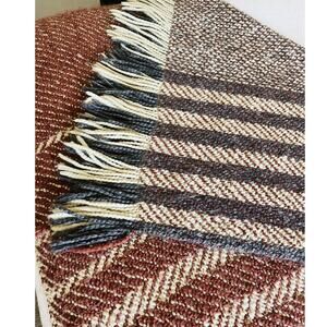 Kennebunk Throw Weavers Blanket Home Cottage Cozy Fringe Tartan Brown Blue Cream